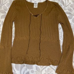 Brown Bell Sleeve Lace Front Top